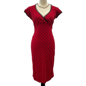 SWITCHBLADE STILETTO Red w/ Black Polkadots Midi Pinup Dress Size L Fitted